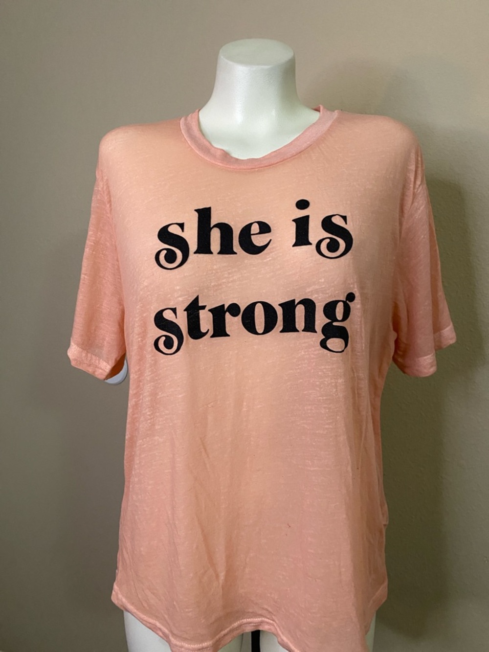 Miken Light Peach Short Sleeve graphic SHE IS STRONG Sheer burnout Tee L